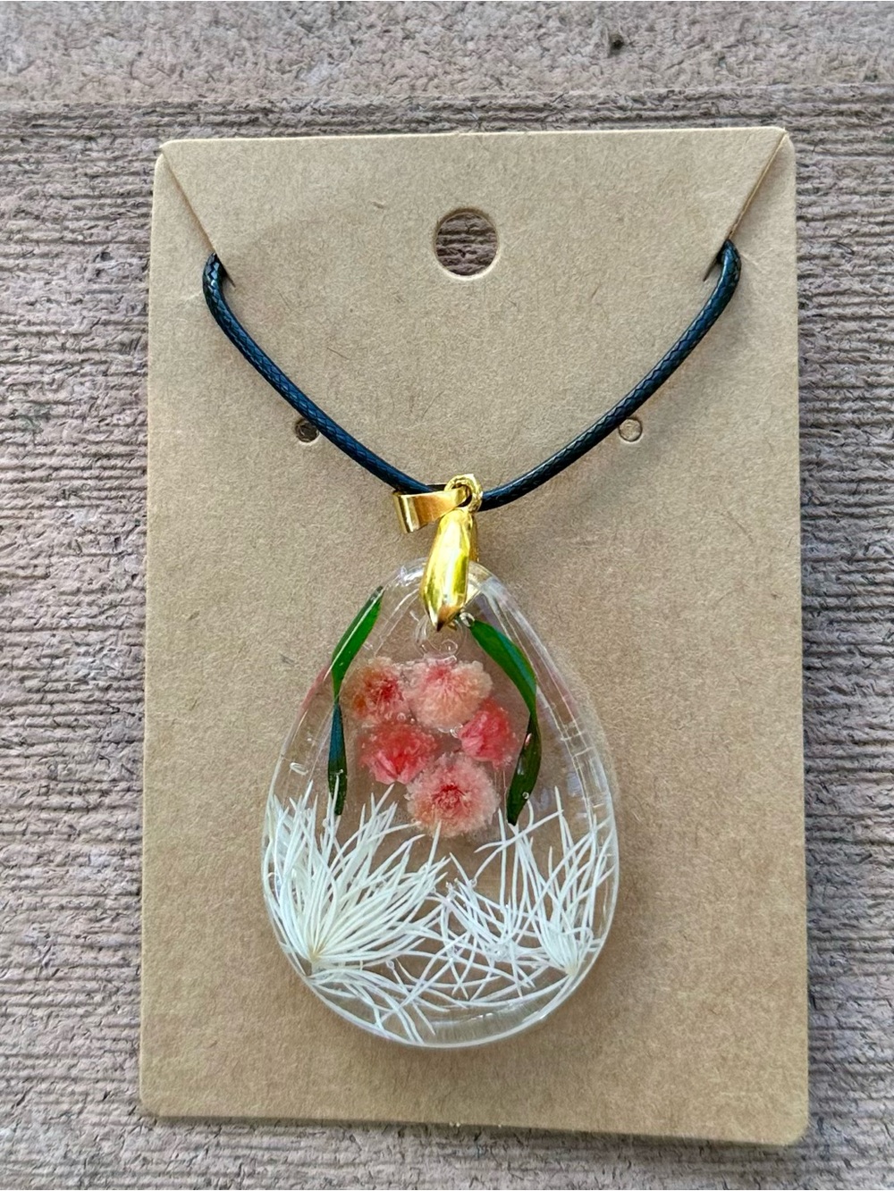 Handcrafted Pink Flower Teardrop Resin Pendant Necklace